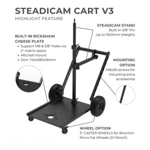 Custom Steadicam cart with modular shelves for professional camera equipment