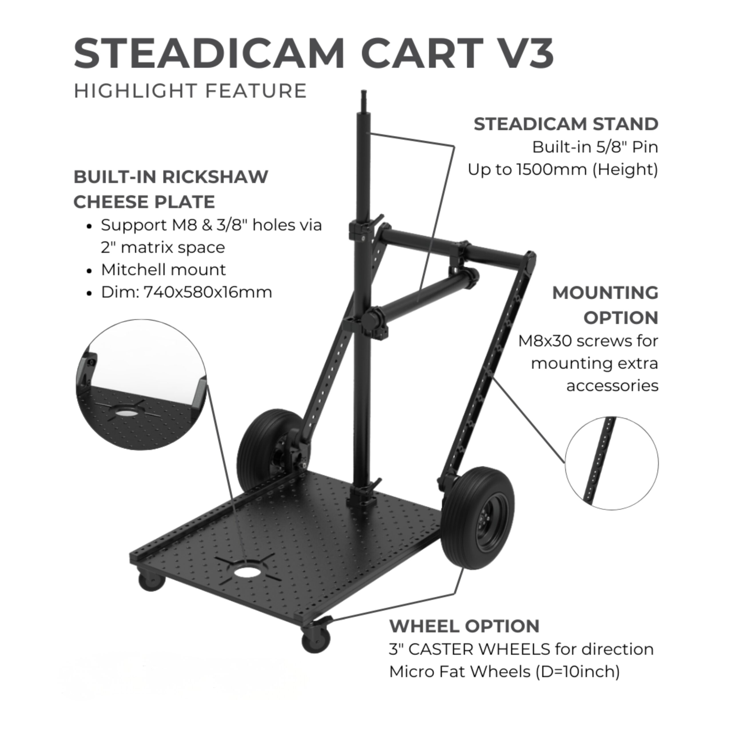 Custom Steadicam cart with modular shelves for professional camera equipment