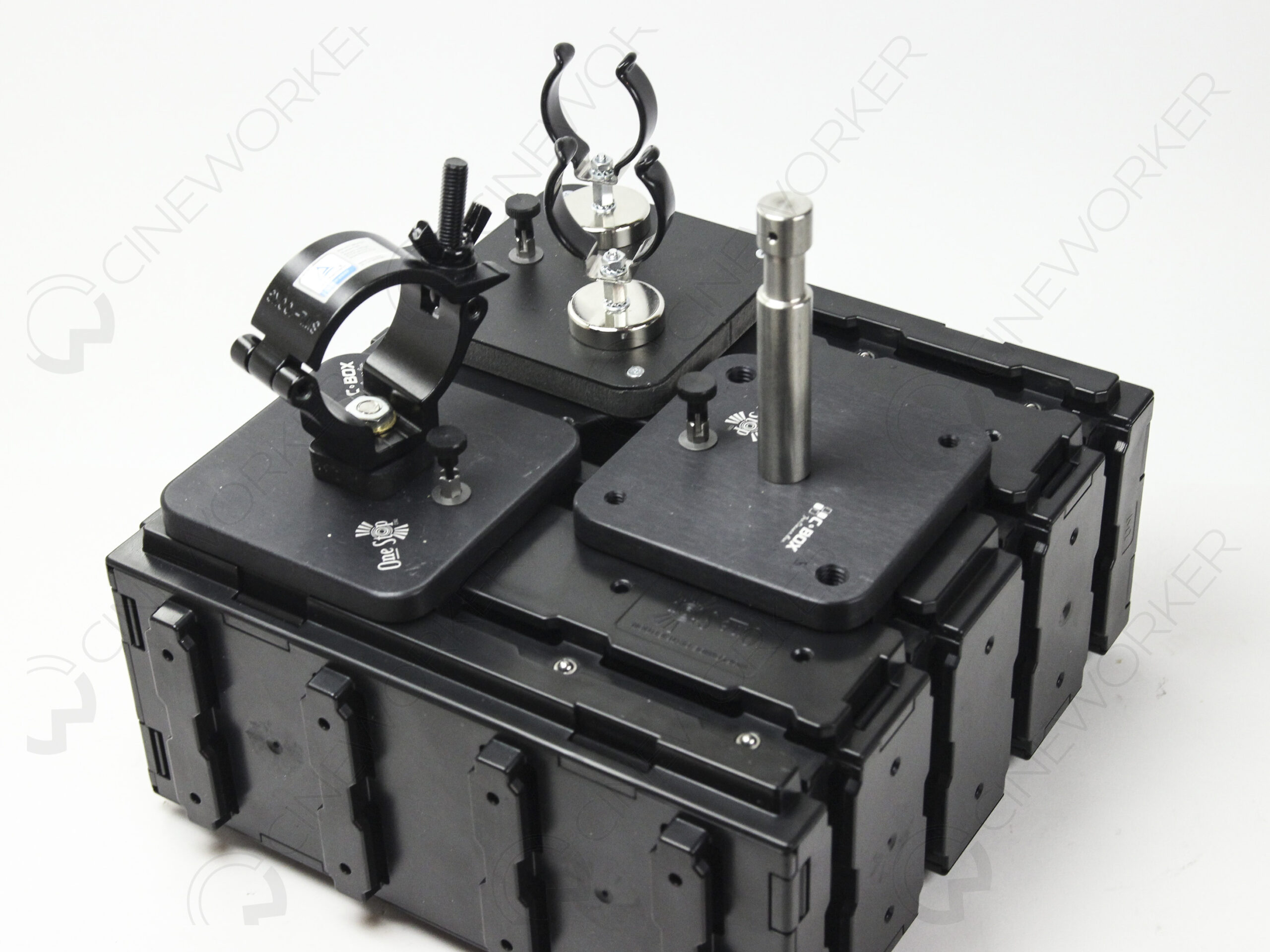 C-BOX accessories overview including camera plates, gaffer plates and mounting hardware