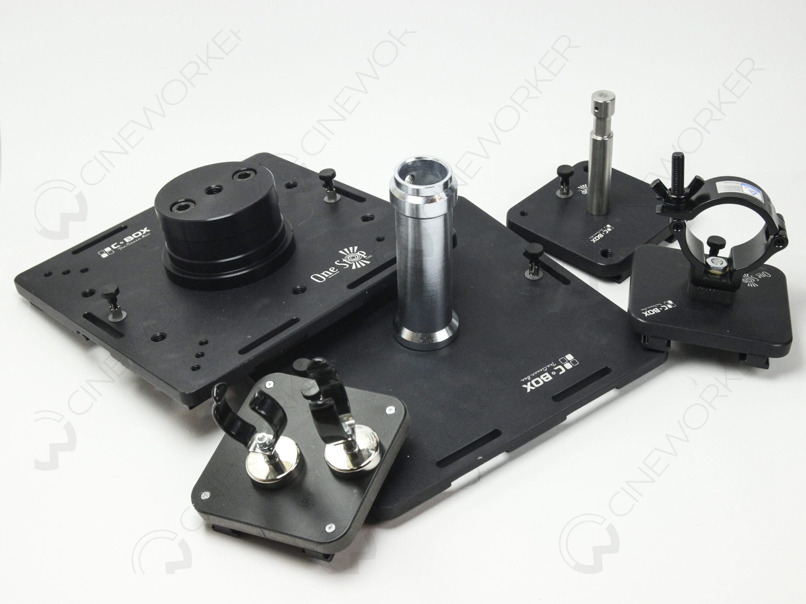 Complete set of C-BOX accessories for camera, lighting and rigging applications