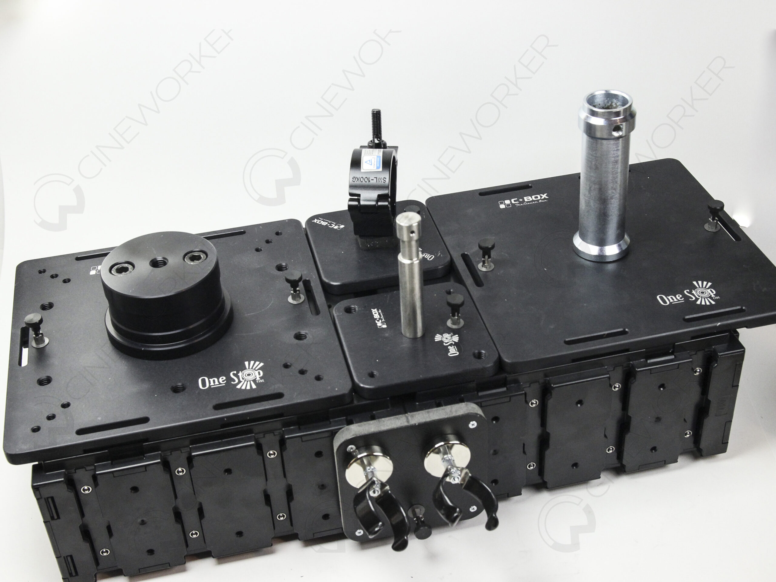 C-BOX accessories mounted on C-BOX modular system including camera plates and gaffer plates