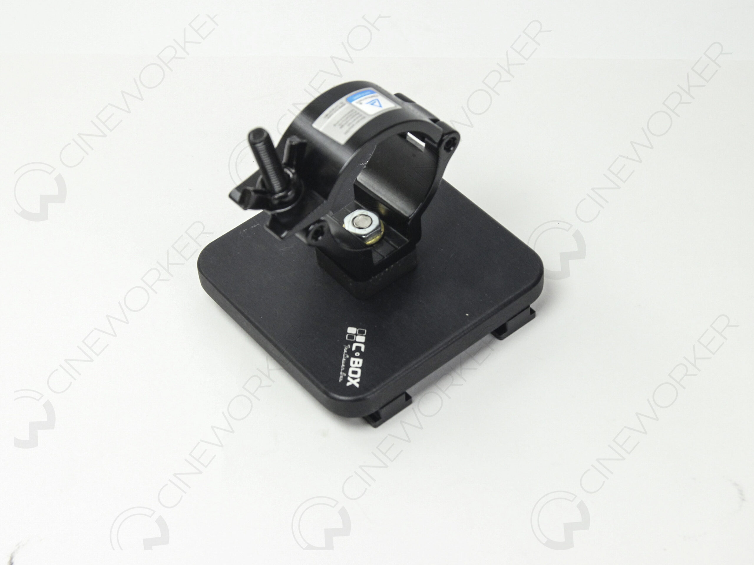 Small gaffer plate with 48mm rigging clamp mounted on C-BOX for secure attachment