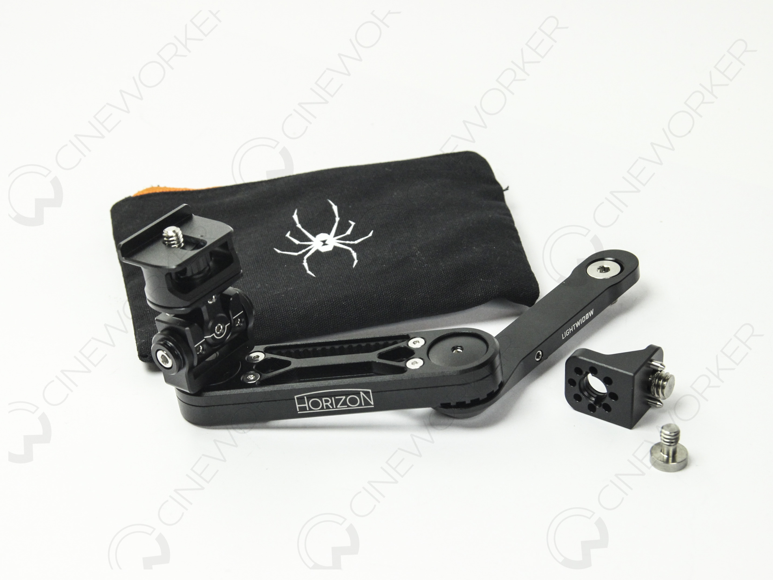 Angle view of Light Widow Horizon monitor mount showing adjustable structure
