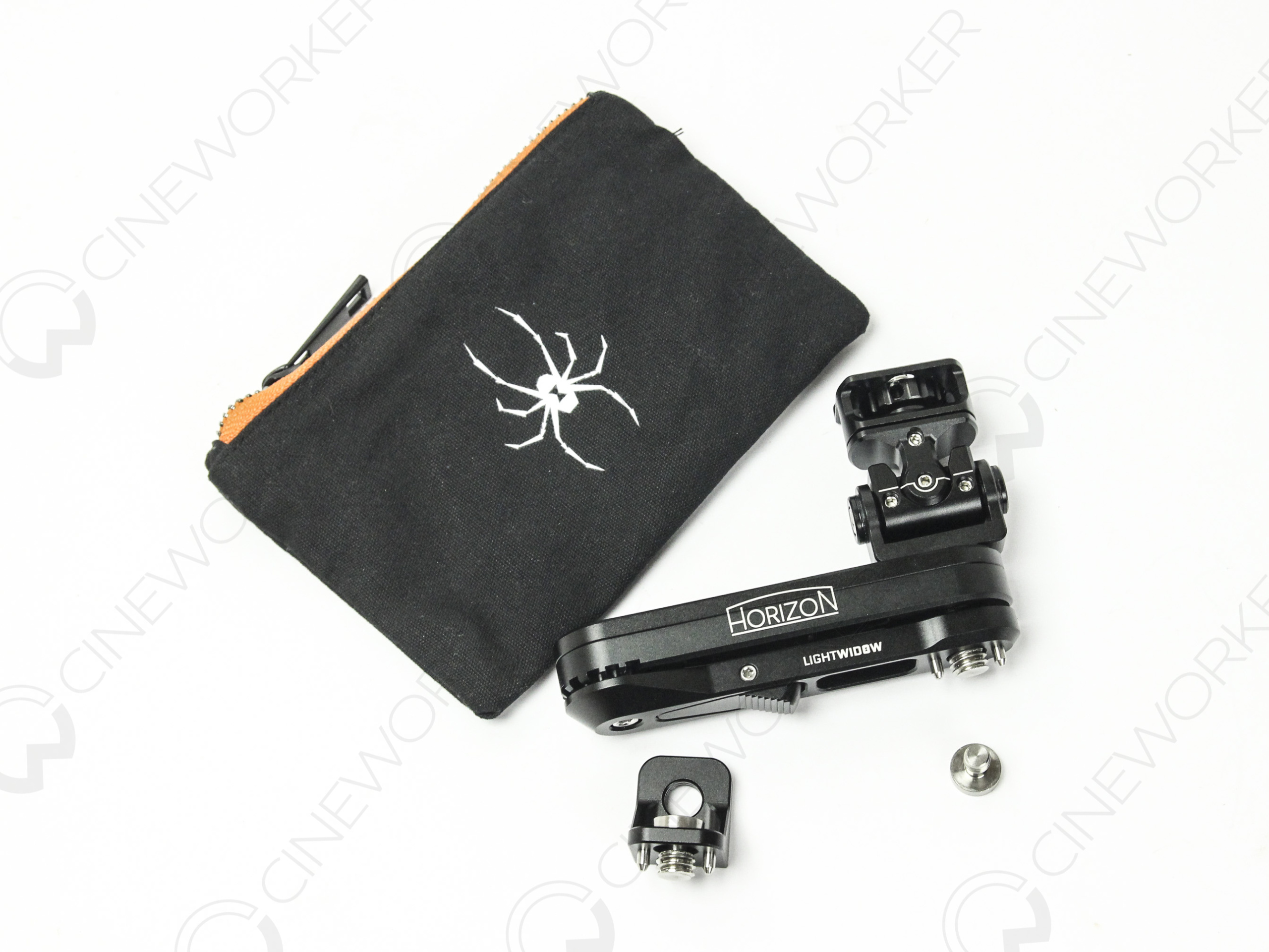 Close up of Light Widow Horizon monitor mount mounting hardware and adjustment system